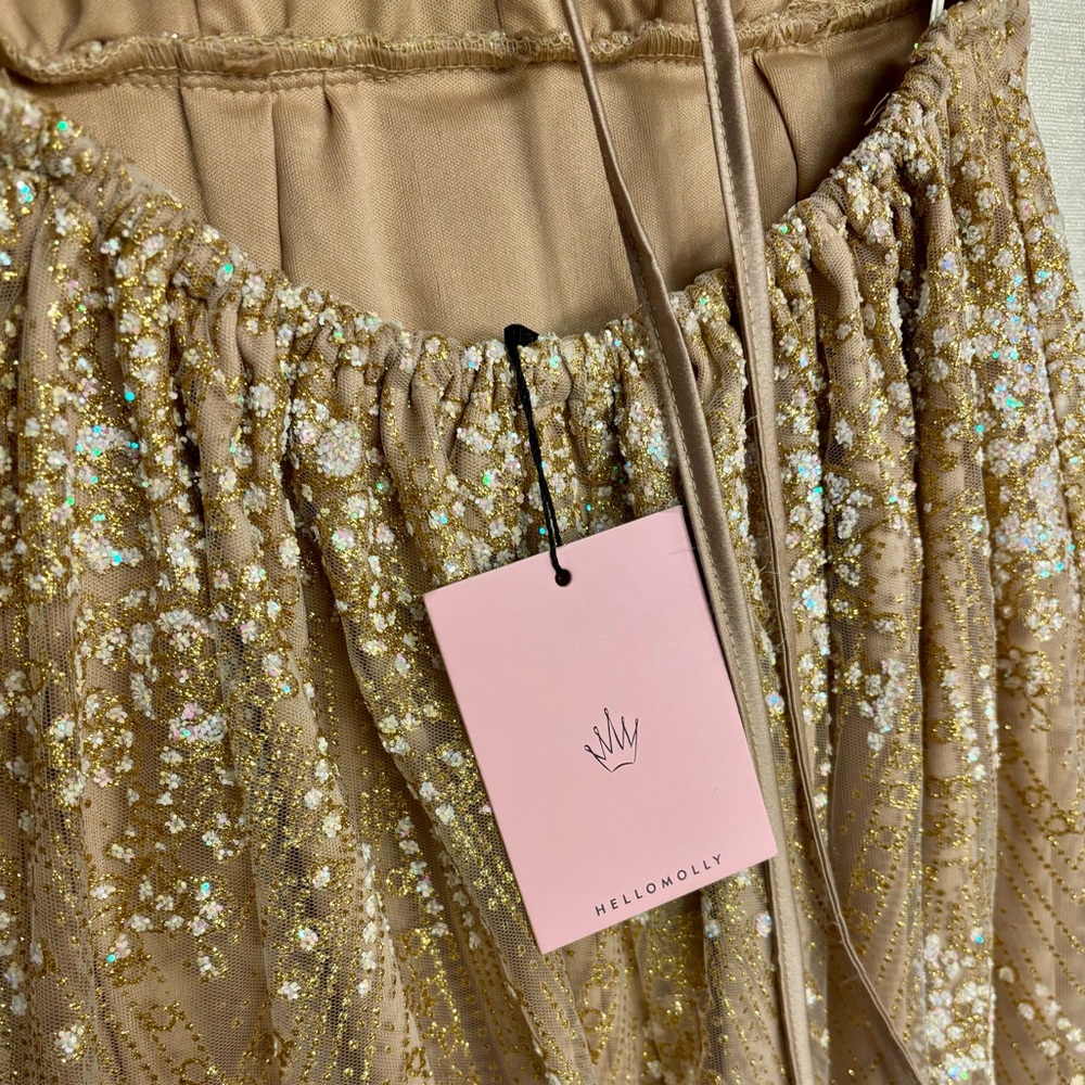 Hello Molly | NWT Gold Sequin Backless Dress Wrap Tie Slit Prom Formal Sexy US 4 - Picture 9 of 13